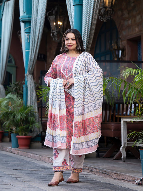 Women Plus Size Peach Pure Cotton Kurta Set With Dupatta